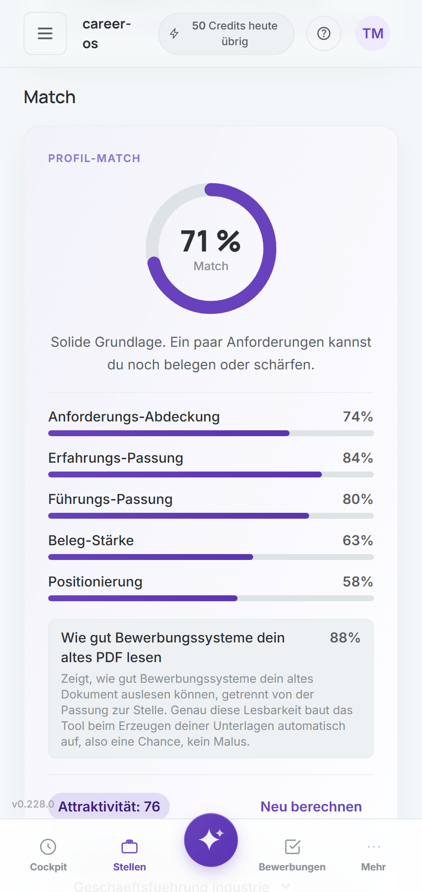 Analyse einer Jobanzeige im Tool auf dem Handy: die Passung der Stelle mit fünf Teilwerten