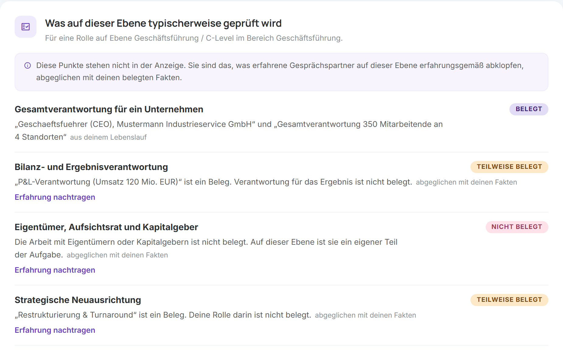 Passungs-Ansicht im Tool: jede Anforderung der Jobanzeige als belegt, teilweise belegt oder nicht belegt markiert